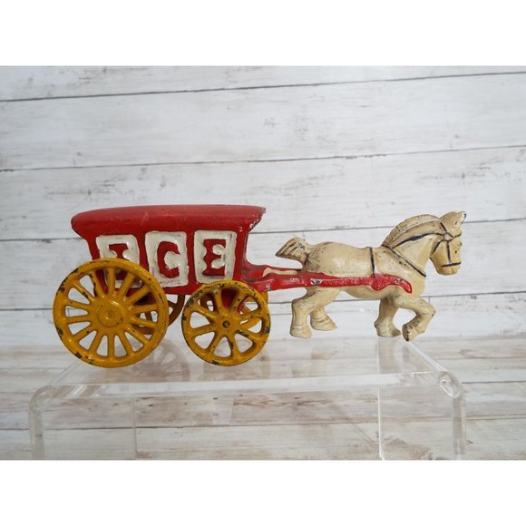 Vintage Cast Iron Horse Pulling Ice Truck Figurine - Picture 1 of 6